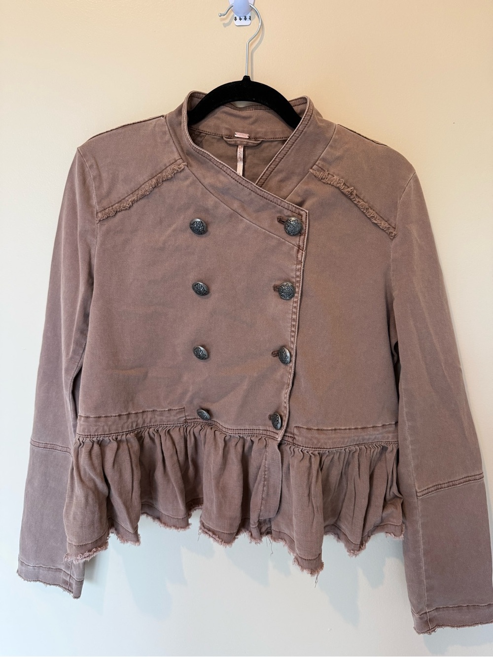 Free People Mauve Double-Breasted Ruffle Hem Jacket